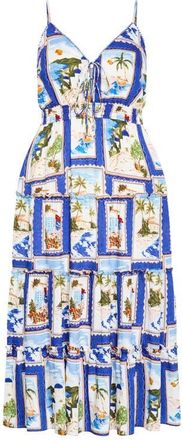 City Chic Aiza Postcard Print Tiered Tie Front Maxi Sundress in Blue Postcard at Nordstrom, Size Xxxs