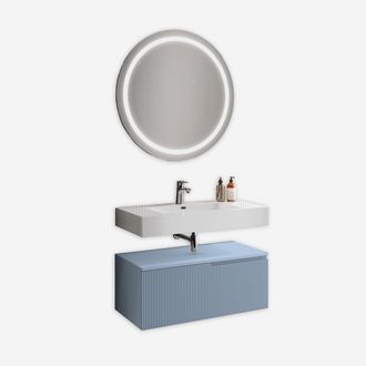 Aqa Mobile Bagno Sospeso Con Specchio Tondo Led E Lavabo 3 Pezzi Venere - Azzurro
