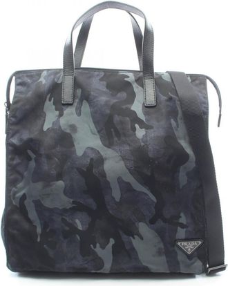 Prada Black Multi-Color Nylon Leather Handbag Tote Bag (Pre-Owned)