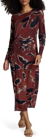 Kenneth Cole Side Knot Long Sleeve Midi Dress in Russet Multi at Nordstrom, Size X-Small