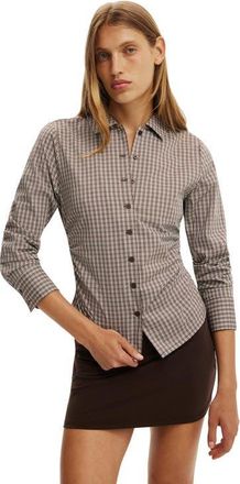 Cotton On Womens Peyton Gathered Long Sleeve Shirt in Hazel Micro Check Rich Mocha at Nordstrom, Size 12