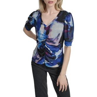 DKNY Print Ruched Puff Sleeve Top in Blue Brush at Nordstrom Rack, Size X-Large