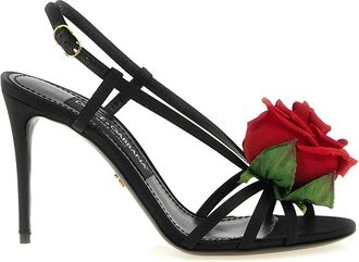 Dolce & Gabbana Satijnen Sandaal Met Bloem - Dames - Sandalen met hakken - Zwart - 41 EU - Satijn - Schoenen