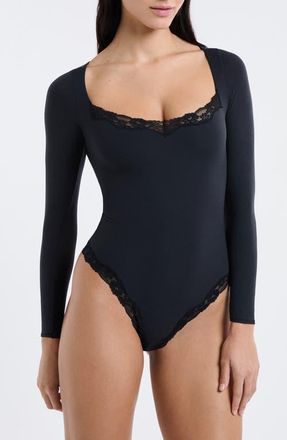 Etam Pure Soft Lace Trim Bodysuit in Black at Nordstrom, Size Medium