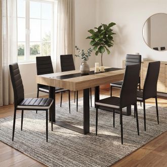 IDMarket Juego De Mesa De Comedor Rectangular Phoenix De Madera Y Negro Con Banda Central Negra 160 Cm Y 6 Sillas Romane Negras Con Banda