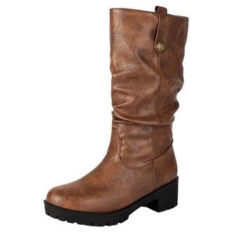 Generic Womens Retro Mid Calf Boots Round Toe Medium Block Heel Platform Slip On With Metal Decoration Leisure Footwear