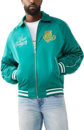 True Religion Crest Satin Retro Bomber Jacket in Ultra Marine Green at Nordstrom, Size Xxx-Large