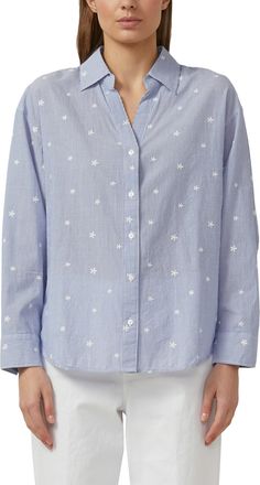 s.Oliver Langarmbluse S.OLIVER, Damen, Gr. 34, mid blau, Web, Obermaterial: 100% Baumwolle, bestickt, gestreift, bequem h&uuml;ftbedeckend, V-Ausschnitt, Blusen Lan