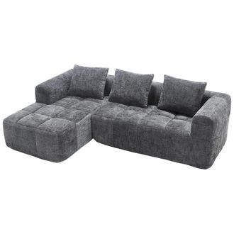 Urban Meuble Sof&aacute; rinconera 3 plazas de chenilla gris con chaise longue y bolsillos