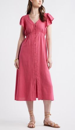 Treasure & Bond Short Sleeve Button Down Linen Blend Midi Dress in Pink Carmine at Nordstrom, Size Xx-Small