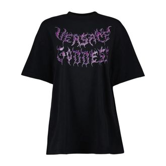 Versace T-Shirts, female, Black, Size: S Goddess Print Oversized Short Sleeve T-shirt