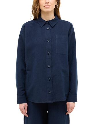 Mustang Langarmbluse MUSTANG Damen Style Willow, Damen, Gr. 38, blau (blau 5324), Web, 75% Baumwolle, 25% Leinen, unifarben, relaxed fit, Blusen Langarmbluse