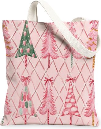 Generic Christmas Tree Canvas Tote Bags, Festive Plant Pattern Reusable Grocery Bags, Vintage Lightweight Washable Shoulder Strap F, Peach, 13x15 Inch