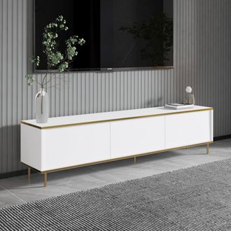Dmora Mueble Para Tv Sassello, 3 Puertas Con Acabados En Oro, 3 Compartimentos, 180x35x45h Cm Blanco