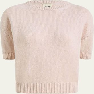 Khaite Shimmering Cashmere Short-Sleeve Crewneck Sweater