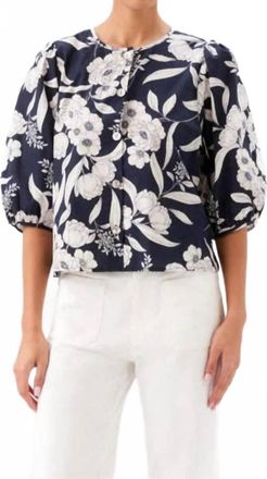 Karen Kane Puff Sleeve Button Front Top In Floral Print