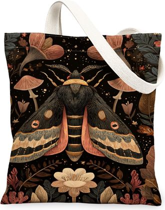 Generic Vintage Floral Moth Canvas Tote Bags, Artistic Botanical Print Reusable Grocery Bags, Lightweight Washable Shoulder Strap C, Black, 13x15 Inch