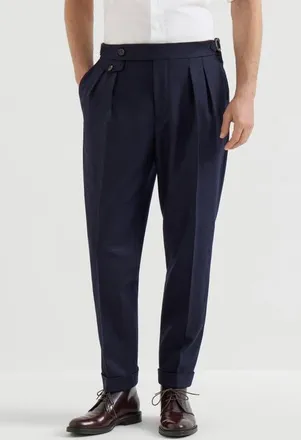 Brunello Cucinelli Virgin wool flannel trousers in twisted cotton gabardine with double pleats and waist tabs in Blue at Nordstrom, Size 54