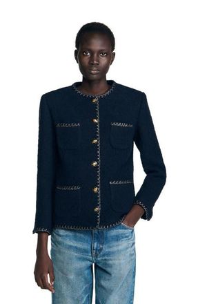 Sandro Tweed jacket with removable collar in Navy Blue at Nordstrom, Size 42 Eu