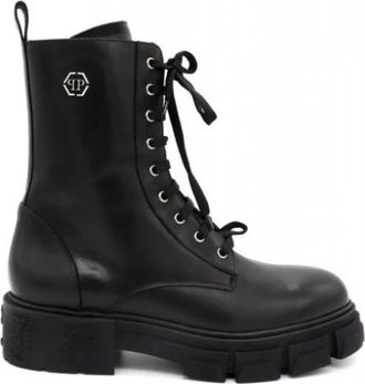 Philipp Plein Kalfshuid Leren Laarzen Halfhoog Plat Hexagon - Heren - Veterlaarzen - Zwart - 44 EU - Leer - Schoenen