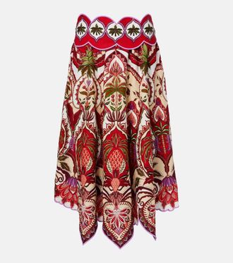 Farm Rio Odara Red scalloped linen-blend midi skirt