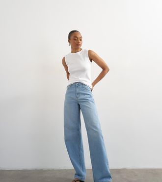 Topshop Tall Barrel - Jeans a vita medio alta candeggiati-Blu