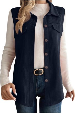 Generic Womens Lightweight Softshell Gilets Corduroy Lapel Tank Tops Button Down Sleeveless Denim Jacket Casual Mid-Long Jean Vest Waistcoat Jacket Vintage Di