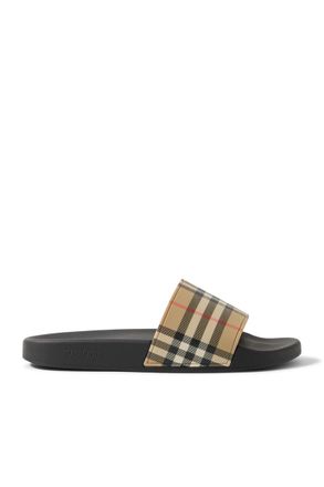 サンダル BURBERRY Men Sandals 8102419165001 B9629 Black Burberry Men's Check Pavilion Slide Sandals | Neiman Marcus
