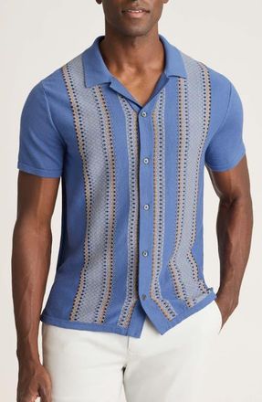 Bonobos Hudson Cabana Stripe Short Sleeve Cotton Button-Up Sweater in Steel Blue + Brown Diamonds at Nordstrom, Size Xx-Large