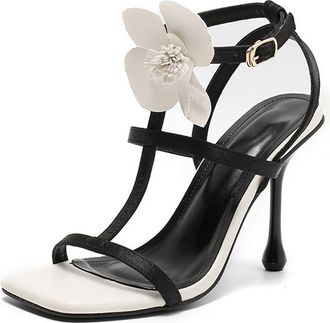 Generic Womens Strappy High Heel Sandals Color Block Flower Detail Stiletto Heel Square Toe Ankle Buckle for Evening and City Wear,Black,4.5 UK