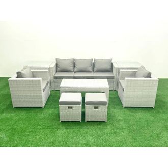 Fimous Rattan Garden Furniture Set 7 Seater Outdoor Garden Sofa Oblong Coffee Table Set with 2 Chairs 2 Stools 2 Side Tables Light Grey Mixed - Fimous