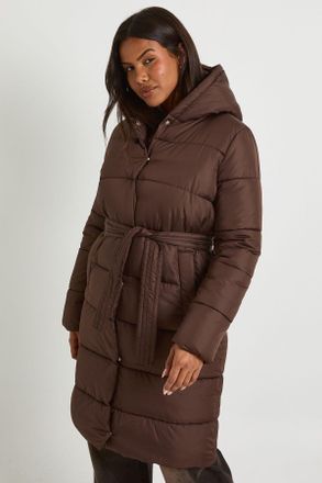 Boohoo Womens Belted Longline Puffer Jacket - Chocolate - Size 16 UK