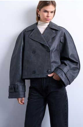 Topshop Ovoid Sleeve Short Faux Leather Trench Coat in Black at Nordstrom, Size X-Small