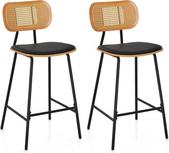 Costway Costway Conjunto De 2 Taburetes De Bar De Rat&aacute;n, Sillas De Comedor Con Respaldo Y Patas De Metal, Sillas Altas Para Barra, Sillas De Comedor Sin Brazo