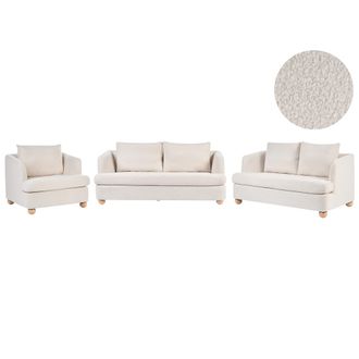 Beliani Conjunto De Sala De Estar De 6 Plazas Con Tapizado De Boucl&eacute; Reposabrazos Y Patas Redondas De Madera Sal&oacute;n Blanco Crema Rattvik