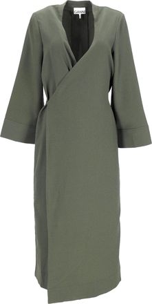 Ganni Ganni Crepe Midi Wrap Dress In Army Green Polyester