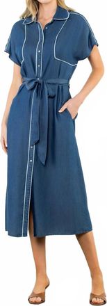 THML Clothing Short Sleeve Button Up Midi Dress In Blue