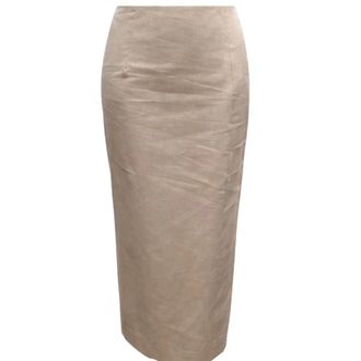 Simona Corsellini Maxi Skirts, female, Beige, Size: M Gonna Midi Effetto Lino con Frange e Spacco Laterale