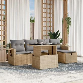 vidaXL Vidaxl - Juego De Sof&aacute;s Jard&iacute;n Con Cojines 6 Pzas Rat&aacute;n Sint&eacute;tico Beige