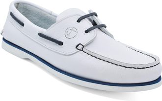 Seajure Mens Boat Shoes Sauvage White and Navy Blue Leather