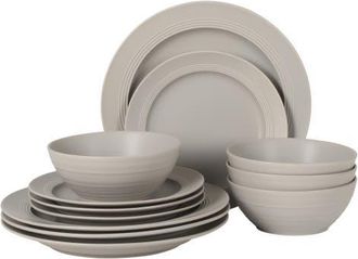 Gibson Home Soleil 12 Piece Stoneware Plates and Bowls Dinnerware Set in Chateau Grey at Nordstrom