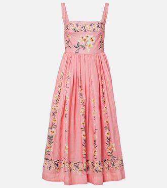 Agua Bendita Mielero Promesa floral linen midi dress