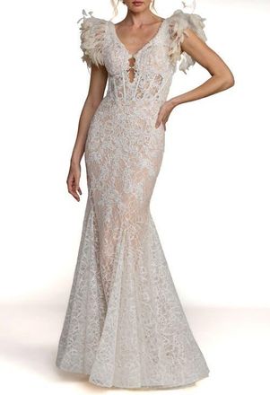 Mac Duggal Feather Detail Embellished Mermaid Gown in Ivory Nude at Nordstrom, Size 12