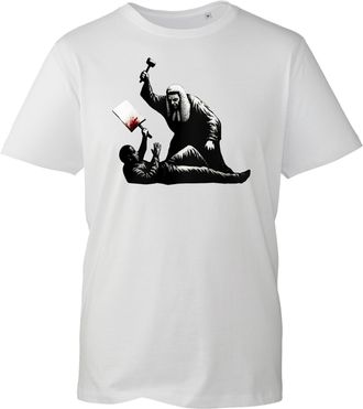 Generic Street Artist Style Court of Justice Artwork T-Shirt, Rebellious Banksy Street Art Parody Tee, Bold Justice Theme Top for Activist Gift Ideas (White, 