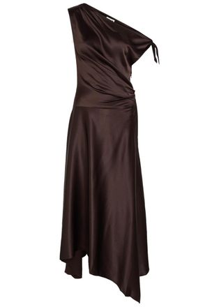 Staud Portia Asymmetric Stretch-silk Midi Dress - Dark Brown - 0 (UK4 / Xxs)