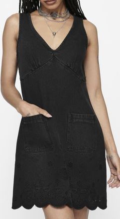 Disturbia Ayr Broderie Denim Pinafore Dress in Black at Nordstrom, Size 16