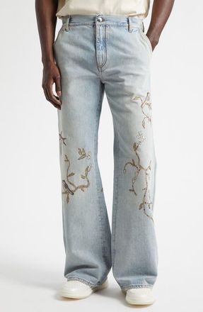 Amiri Floral Embroidered Cotton Wide Leg Jeans in Sunset Blue Archived at Nordstrom, Size 32