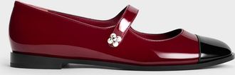 Charles & Keith Patent Pearl-Embellished Flower-Buckle Cap-Toe Mary Janes