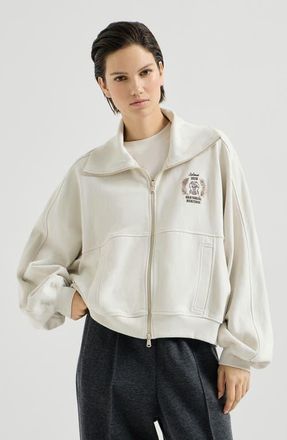 Brunello Cucinelli Cotton smooth French terry sweatshirt with zip and embroidered logo in Milk at Nordstrom, Size Xxx-Large