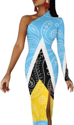Generic Paisley And Saint Lucia Flag Summer Maxi Dress For Women Half Sleeve Long Dress Slim Split Evening Dresses L